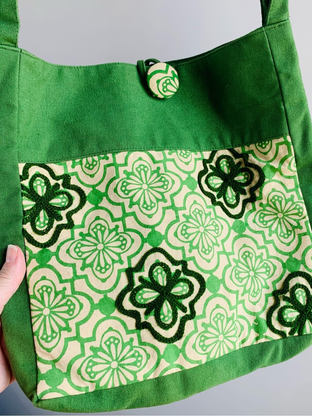 NWOT World of Good Cotton Embroidered Messenger Tote Bag Green Olive Boho Hippy